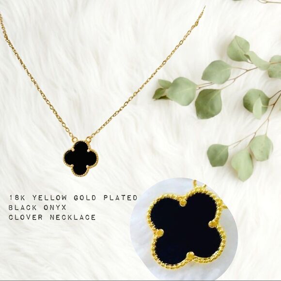 18k Yellow Gold Plated Black Onyx Clover Necklace - Picture 1 of 5